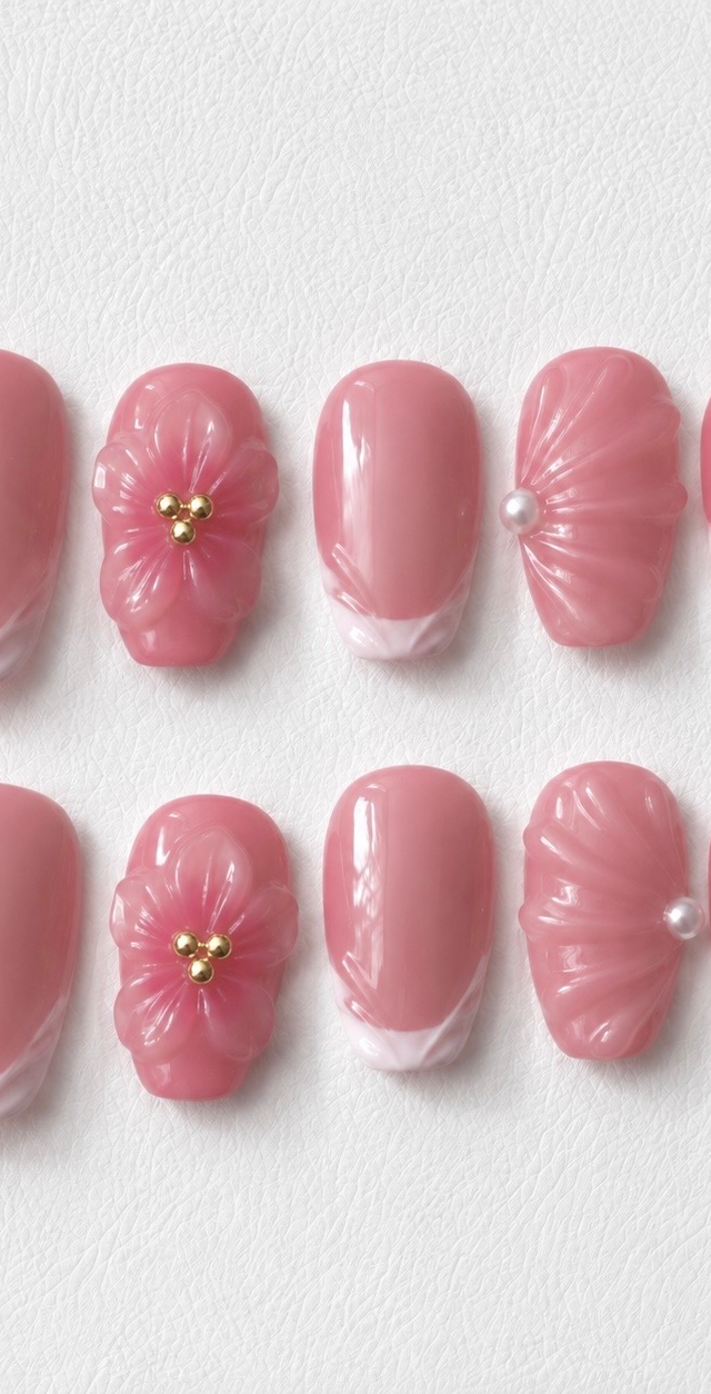 🌸 Pink 3D Flower French Nailsの画像 1